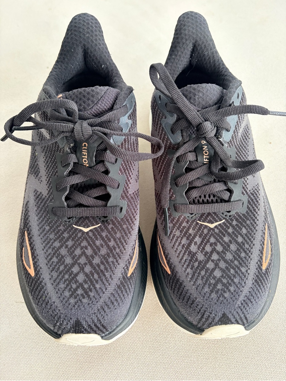 Women’s Black Running Shoes Clifton 9 Style - Black with rose gold Accents
